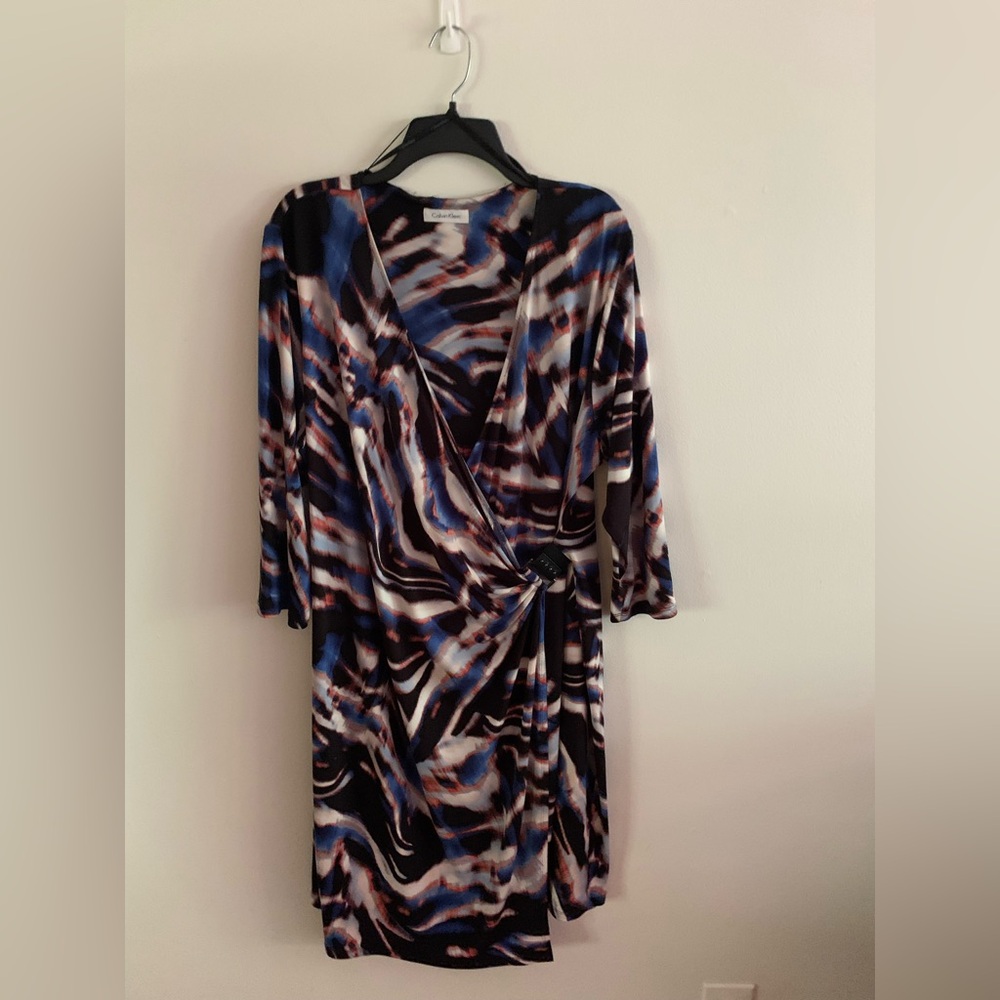 Calvin Klein Faux Wrap Dress Blue/Black/Orange - no size tag/guessing XL or 16